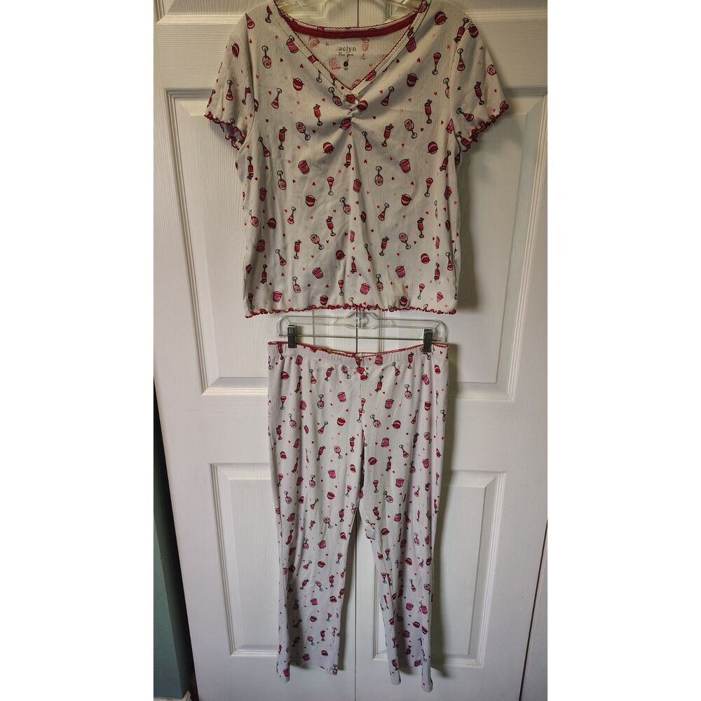 Jaclyn New York Size Large Wine Print Pajama Set Short Sleeve Top Long Pants L